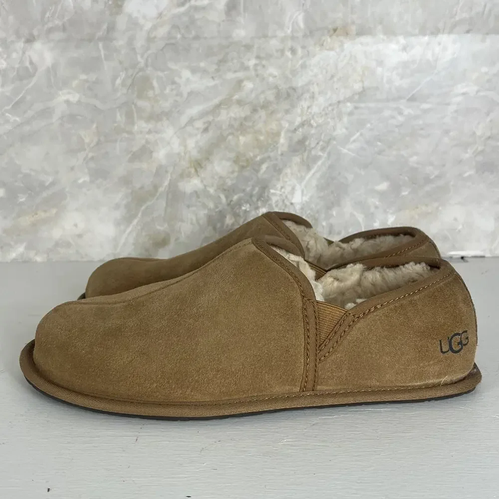 UGG Scuff Romeo Slippers Men’s Size 10 Chestnut Suede Leather Fur Moccasins